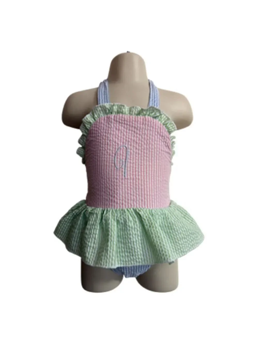 Seersucker Halter Pink, Green, Blue A Monogram Swimsuit Size 6 Months